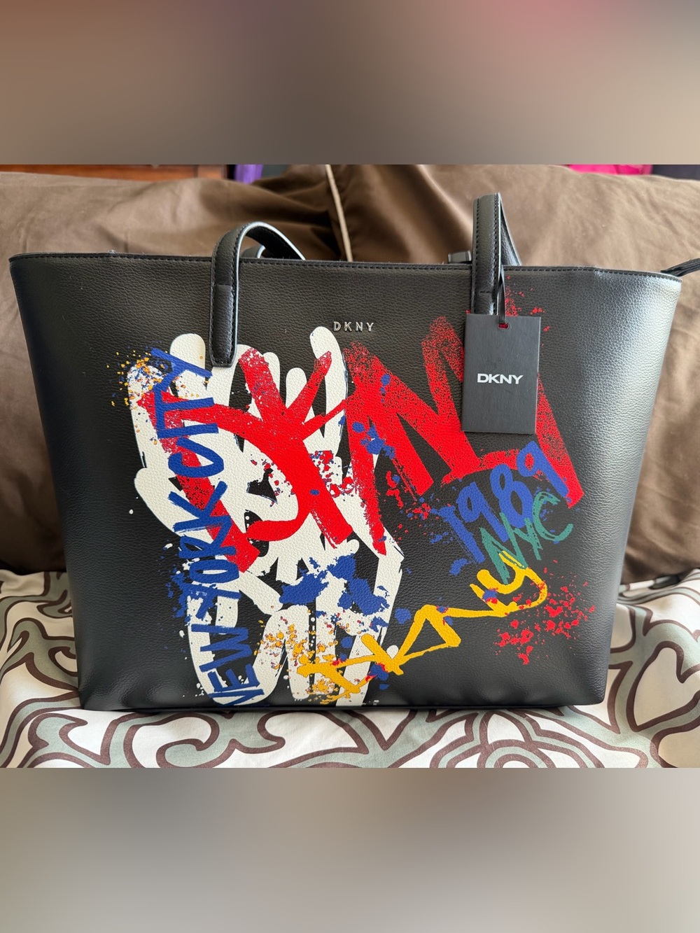 DKNY Black Leather Tote with Multicolor Graffiti